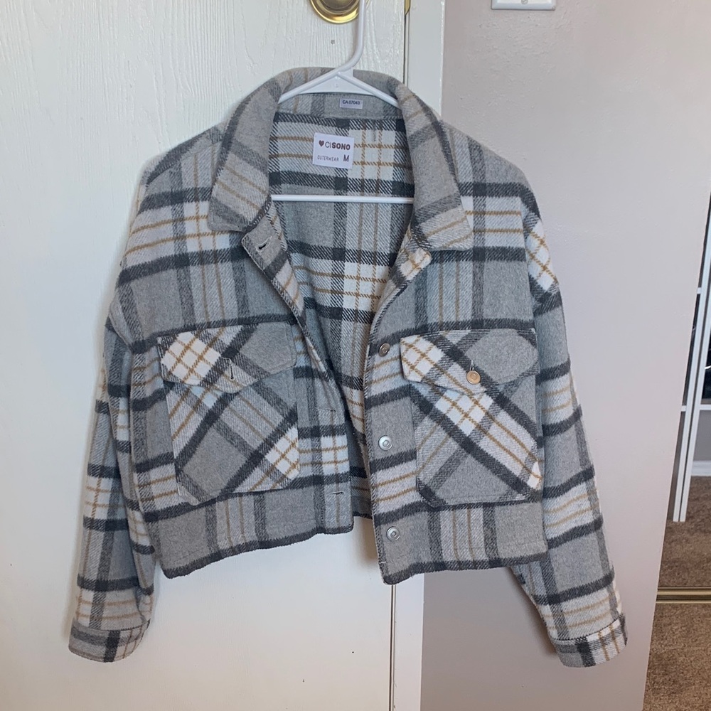 Cropped Plaid Shacket Jacket - Gray, Cream, Gold Accent